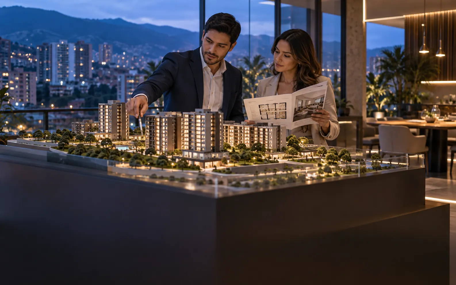 Asesores revisando una maqueta de desarrollo residencial