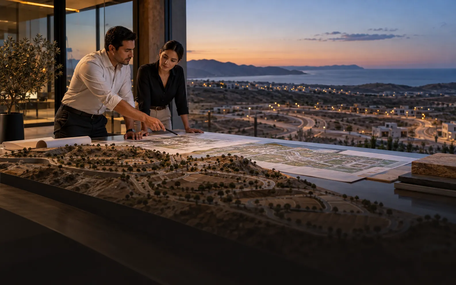 Equipo revisando planos de un desarrollo inmobiliario